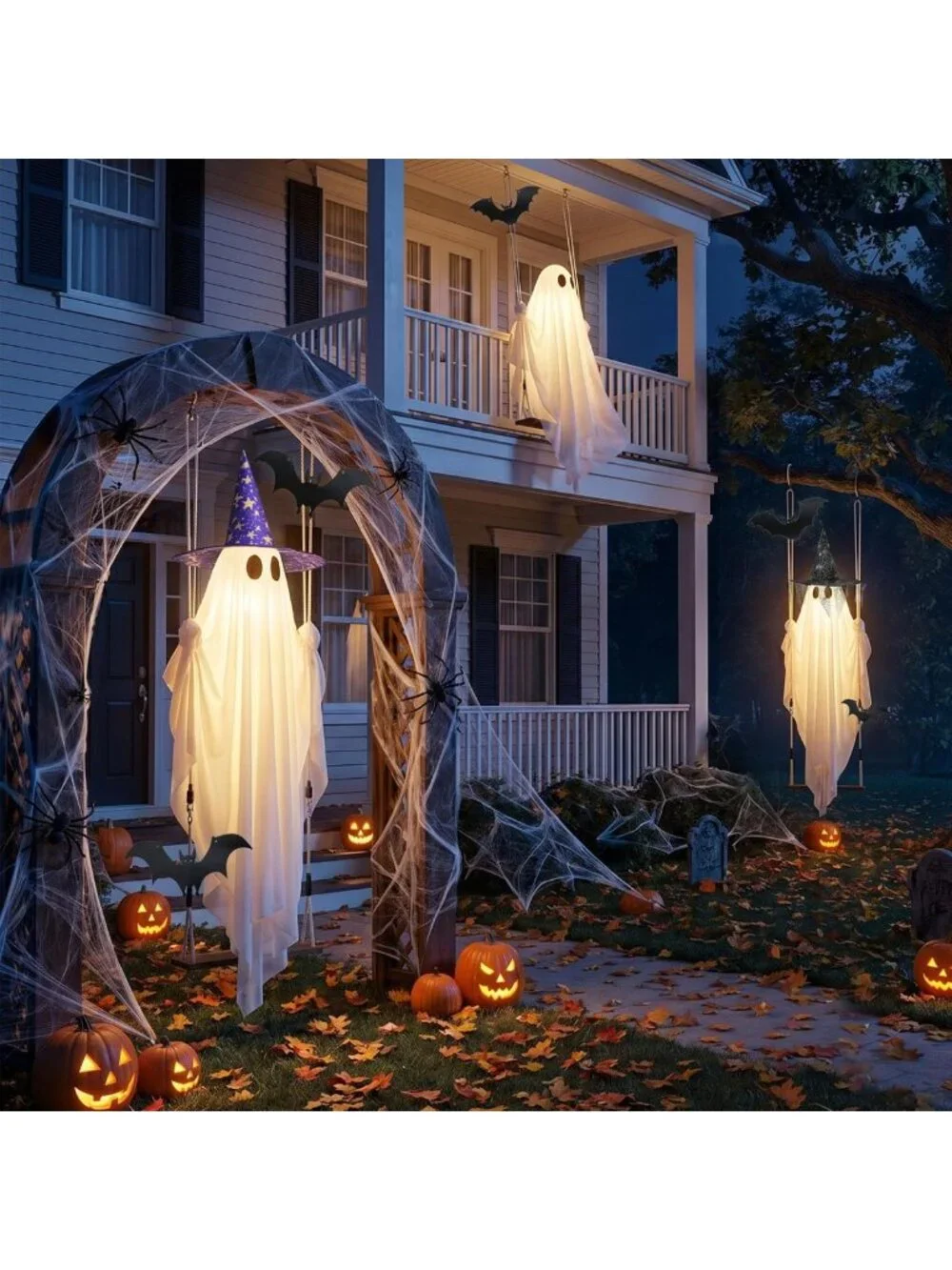 11 FT Light-Up Swinging Ghost Decor with Bat & Hat - Outdoor Halloween Yard